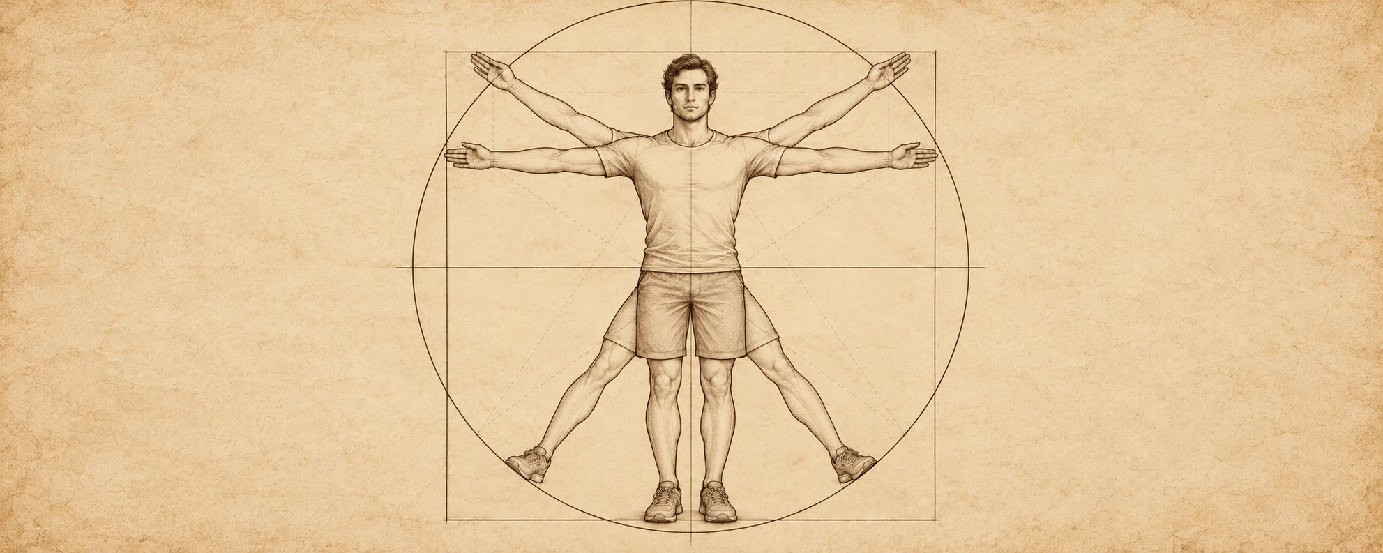 Interpretação por IA do estudo das proporções associado a Leonardo da Vinci: uma figura num círculo e num quadrado, não uma reprodução da obra original.