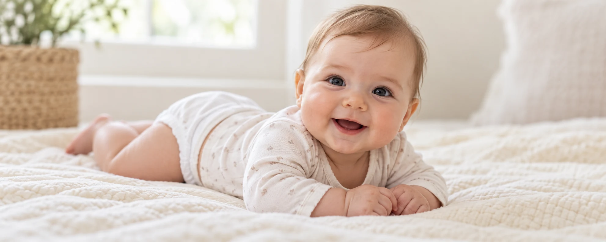 Bebê com roupa clara sobre uma manta
